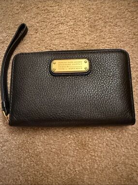 Marc By Marc Jacobs Black Leather Zip-Around Wristlet with Gold Plaque